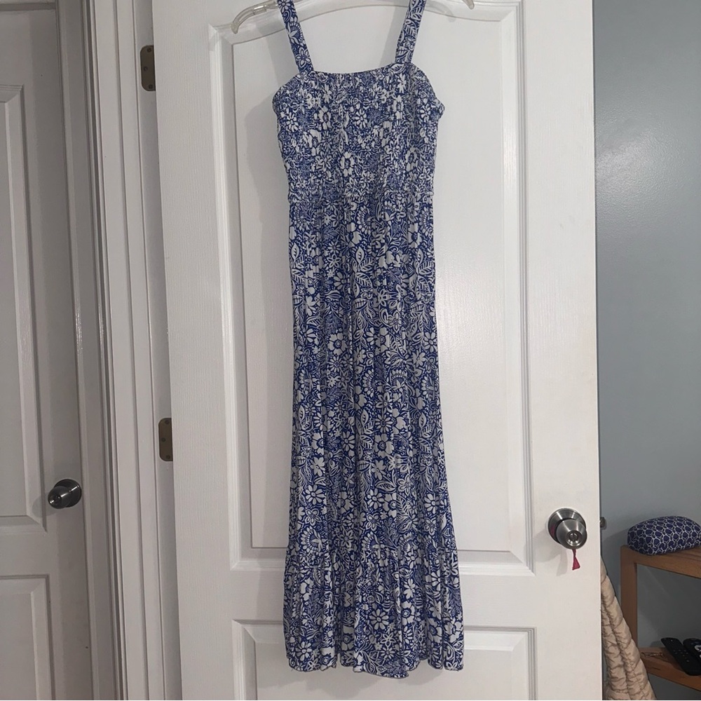 Blue and white floral midi dress
